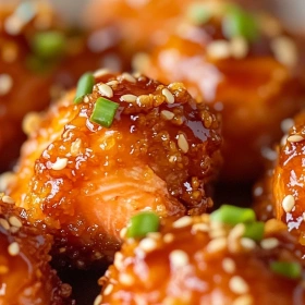 Close-up of Crispy Honey Garlic Salmon Bites showing texture, layers, and glossy finish