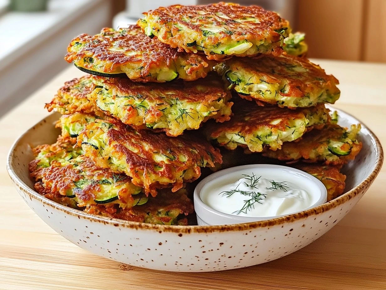 Perfectly cooked Crispy Zucchini Fritters served and ready to eat - final result
