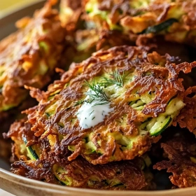Close-up of Crispy Zucchini Fritters showing texture, layers, and glossy finish