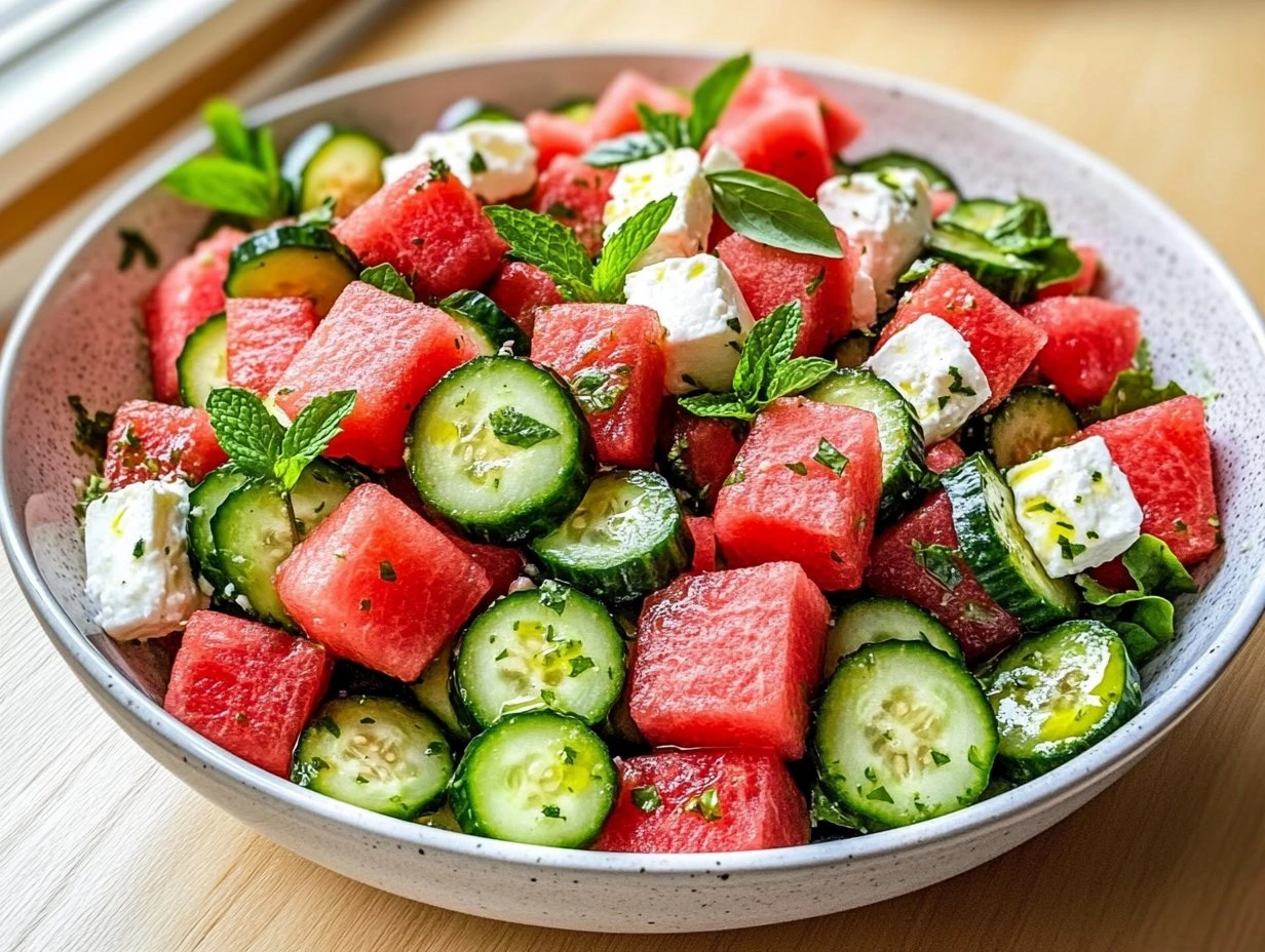 Perfectly cooked Watermelon Cucumber Feta Salad served and ready to eat - final result