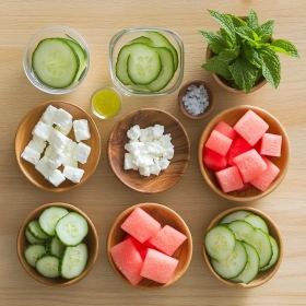 Step-by-step preparation of Watermelon Cucumber Feta Salad showing ingredients and initial cooking steps