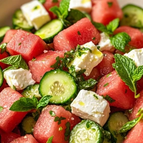 Close-up of Watermelon Cucumber Feta Salad showing texture, layers, and glossy finish