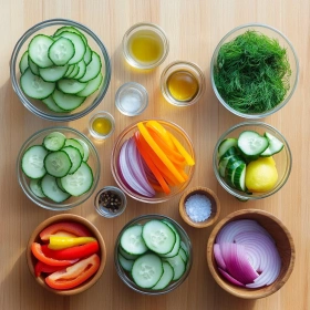 Step-by-step preparation of Cucumber Sweet Pepper Salad showing ingredients and initial cooking steps