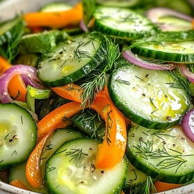 Close-up of Cucumber Sweet Pepper Salad showing texture, layers, and glossy finish