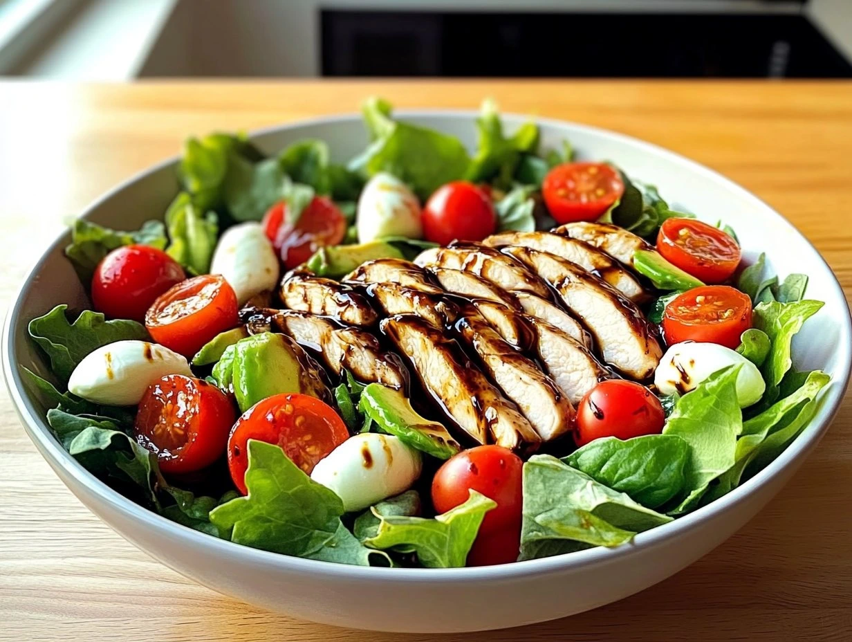 Perfectly cooked Balsamic Chicken Avocado Caprese Salad served and ready to eat - final result