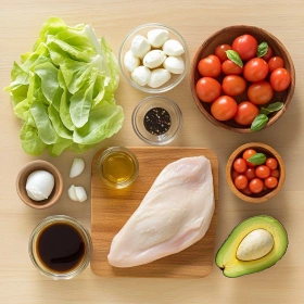 Step-by-step preparation of Balsamic Chicken Avocado Caprese Salad showing ingredients and initial cooking steps