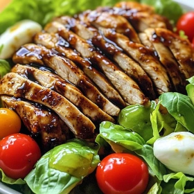 Close-up of Balsamic Chicken Avocado Caprese Salad showing texture, layers, and glossy finish