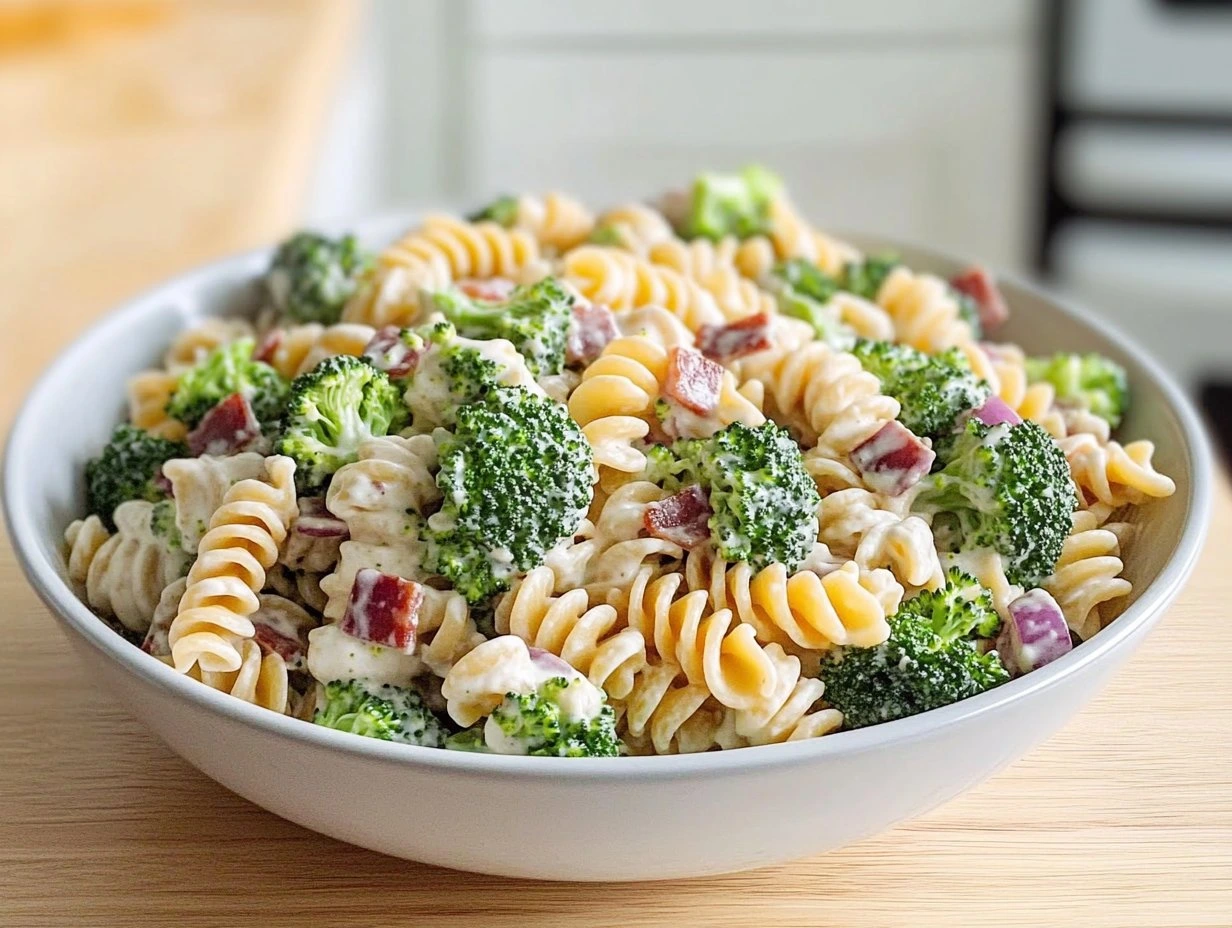 Perfectly cooked Fresh Broccoli Pasta Salad served and ready to eat - final result