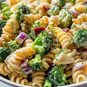 Close-up of Fresh Broccoli Pasta Salad showing texture, layers, and glossy finish