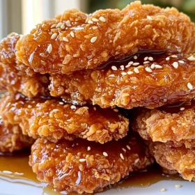 Close-up of Crispy Hot Honey Chicken showing texture, layers, and glossy finish