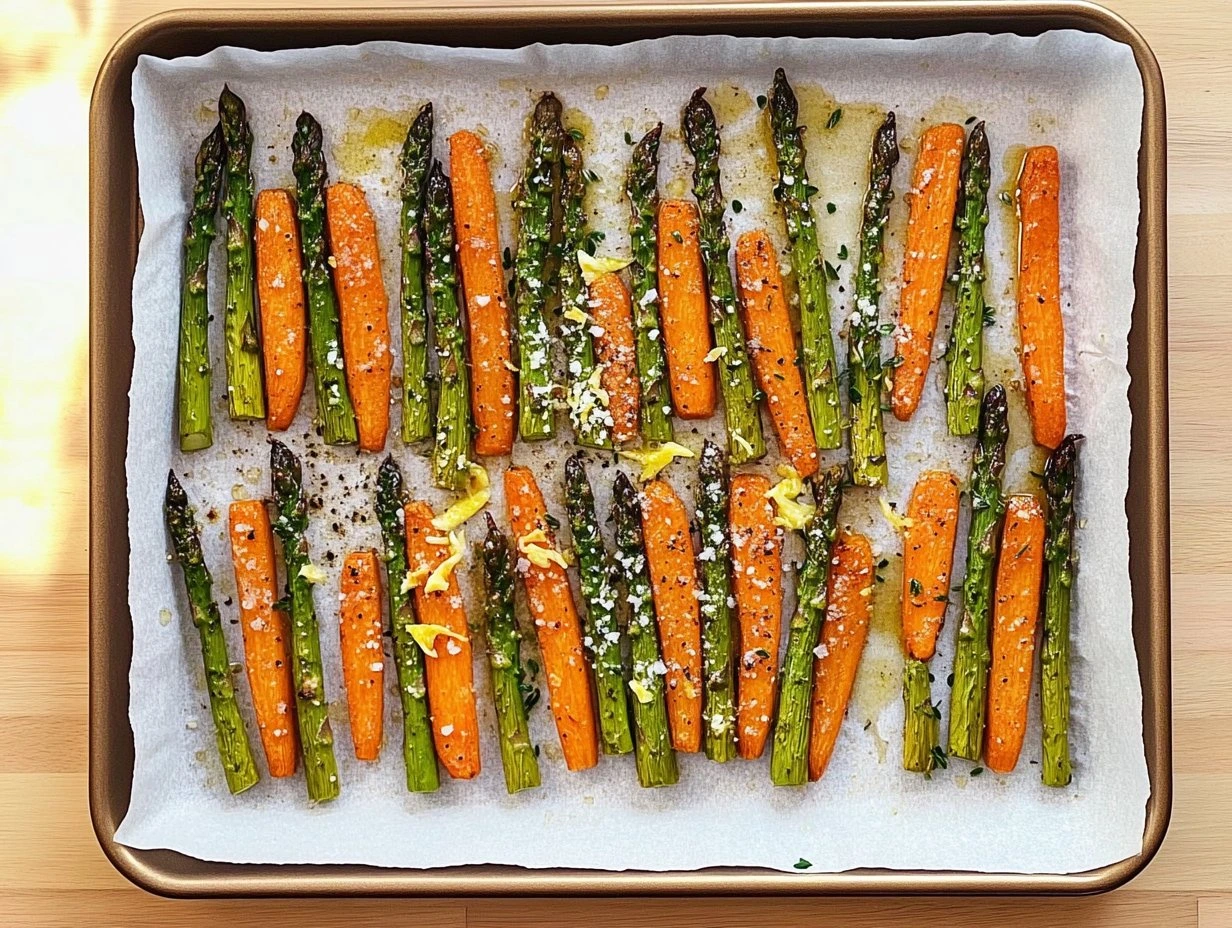 Perfectly cooked Roasted Asparagus and Carrots served and ready to eat - final result