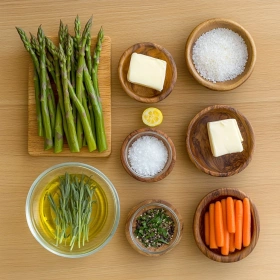 Step-by-step preparation of Roasted Asparagus and Carrots showing ingredients and initial cooking steps