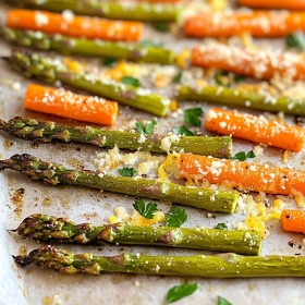 Close-up of Roasted Asparagus and Carrots showing texture, layers, and glossy finish