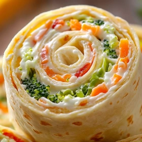 Close-up of Creamy Vegetable Tortilla Roll Ups showing texture, layers, and glossy finish