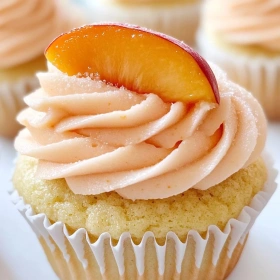 Close-up of Peach Bellini Cupcakes showing texture, layers, and glossy finish