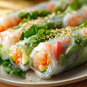Close-up of Fresh Summer Spring Rolls showing texture, layers, and glossy finish