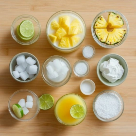 Step-by-step preparation of Tropical Non Alcoholic Piña Colada Punch showing ingredients and initial cooking steps