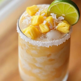 Close-up of Tropical Non Alcoholic Piña Colada Punch showing texture, layers, and glossy finish