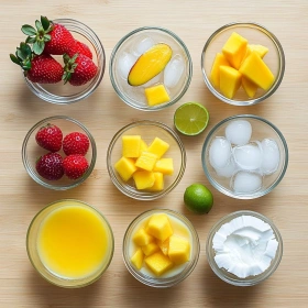 Step-by-step preparation of Mango Strawberry Pina Colada showing ingredients and initial cooking steps