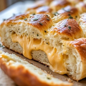 Close-up of Soft Garlic Herb Cheddar Cheese Bread showing texture, layers, and glossy finish