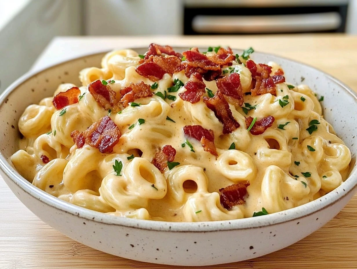 Perfectly cooked Creamy Bacon Mac and Cheese served and ready to eat - final result