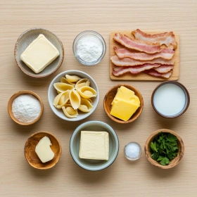 Step-by-step preparation of Creamy Bacon Mac and Cheese showing ingredients and initial cooking steps