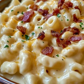 Close-up of Creamy Bacon Mac and Cheese showing texture, layers, and glossy finish
