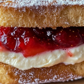 Close-up of Strawberry Cheesecake Sandwich showing texture, layers, and glossy finish