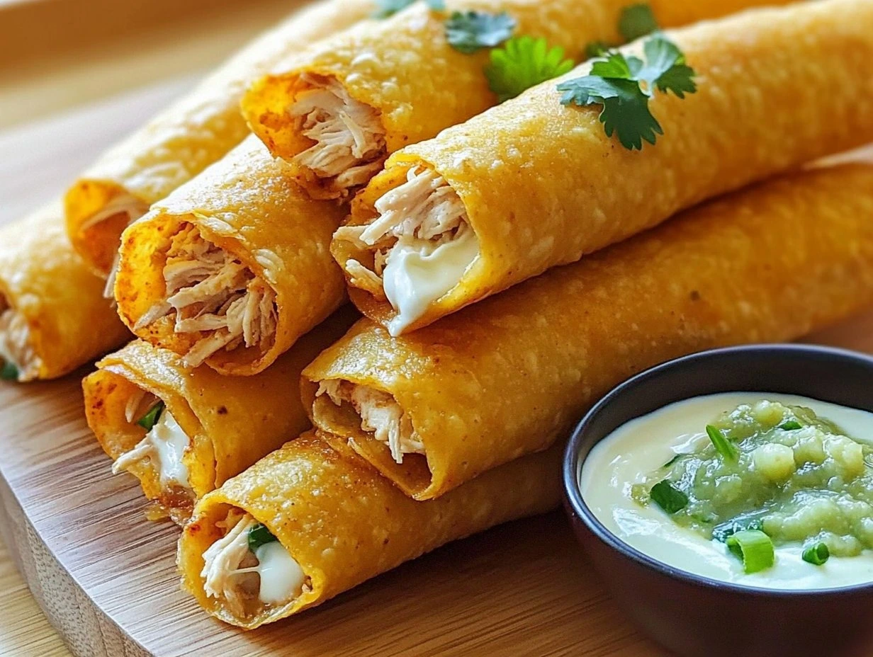 Perfectly cooked Crispy Chicken Taquitos served and ready to eat - final result