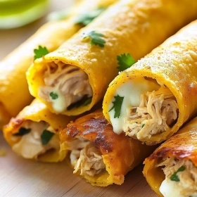 Close-up of Crispy Chicken Taquitos showing texture, layers, and glossy finish
