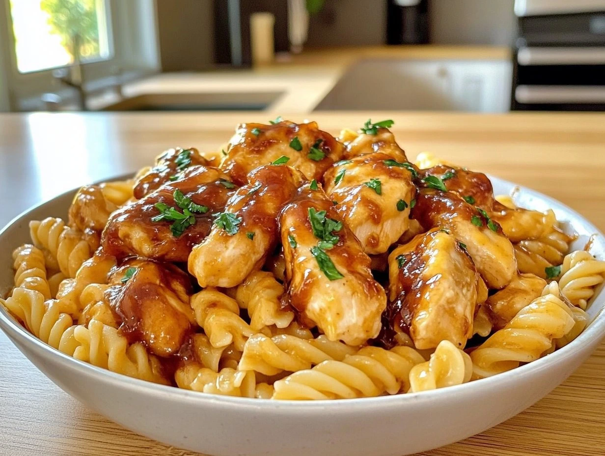 Perfectly cooked Homemade Honey BBQ Chicken Pasta served and ready to eat - final result