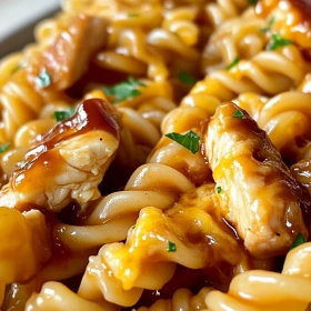 Close-up of Homemade Honey BBQ Chicken Pasta showing texture, layers, and glossy finish