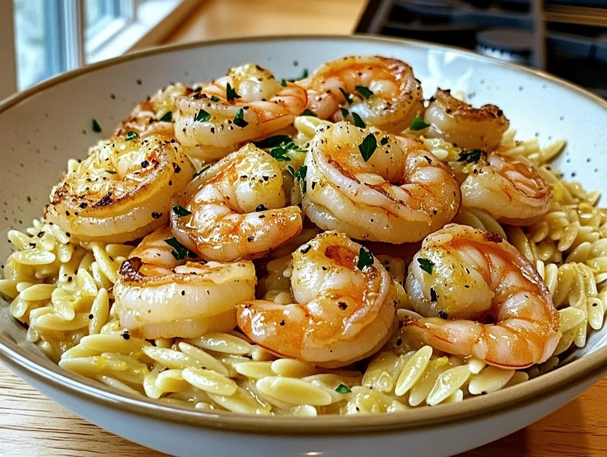 Perfectly cooked Shrimp Orzo in Lemon Garlic Sauce served and ready to eat - final result
