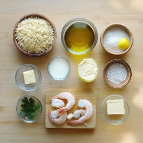 Step-by-step preparation of Shrimp Orzo in Lemon Garlic Sauce showing ingredients and initial cooking steps