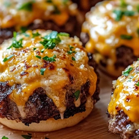 Close-up of Cheesy Garlic Parmesan Burger Bites showing texture, layers, and glossy finish