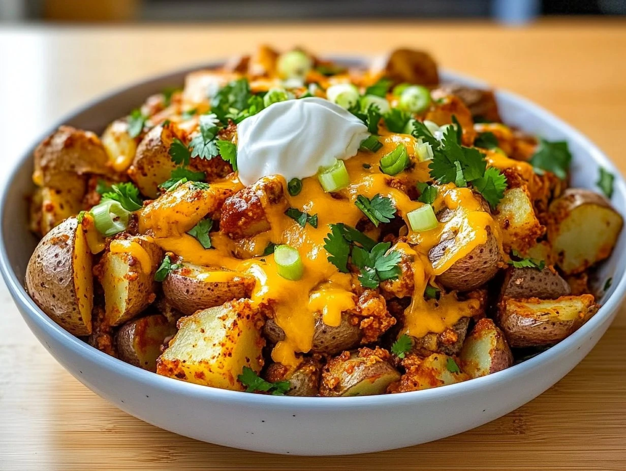 Perfectly cooked Cheesy Taco Potatoes served and ready to eat - final result