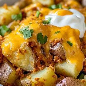 Close-up of Cheesy Taco Potatoes showing texture, layers, and glossy finish