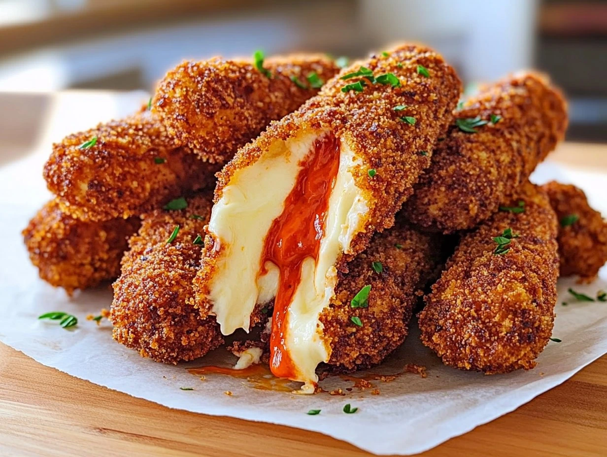 Perfectly cooked Nashville Hot Mozzarella Sticks served and ready to eat - final result