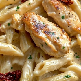 Close-up of Irresistible Marry Me Chicken Pasta showing texture, layers, and glossy finish