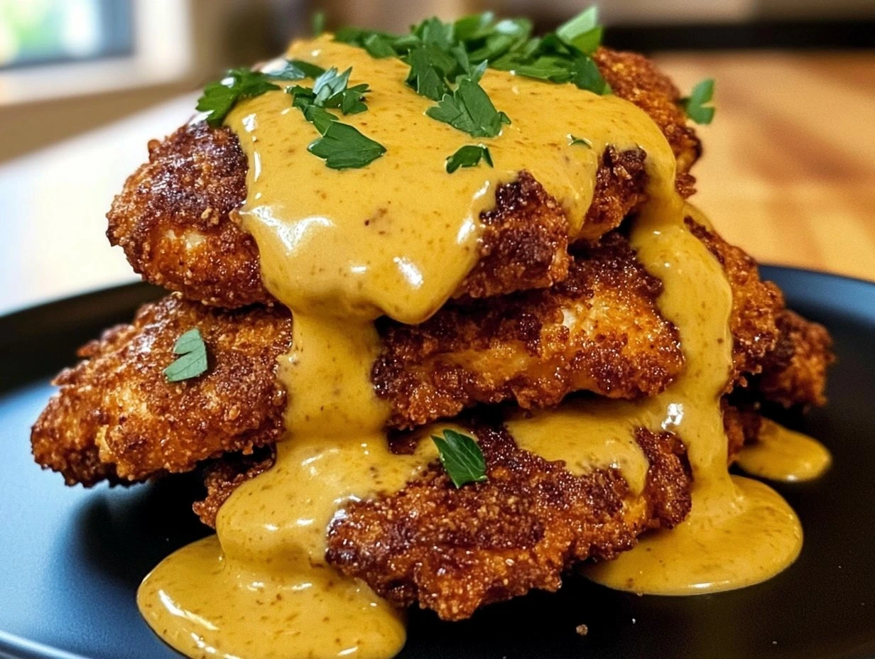 Perfectly cooked Pretzel Chicken with Cheddar Mustard Sauce served and ready to eat - final result