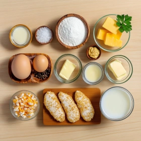 Step-by-step preparation of Pretzel Chicken with Cheddar Mustard Sauce showing ingredients and initial cooking steps