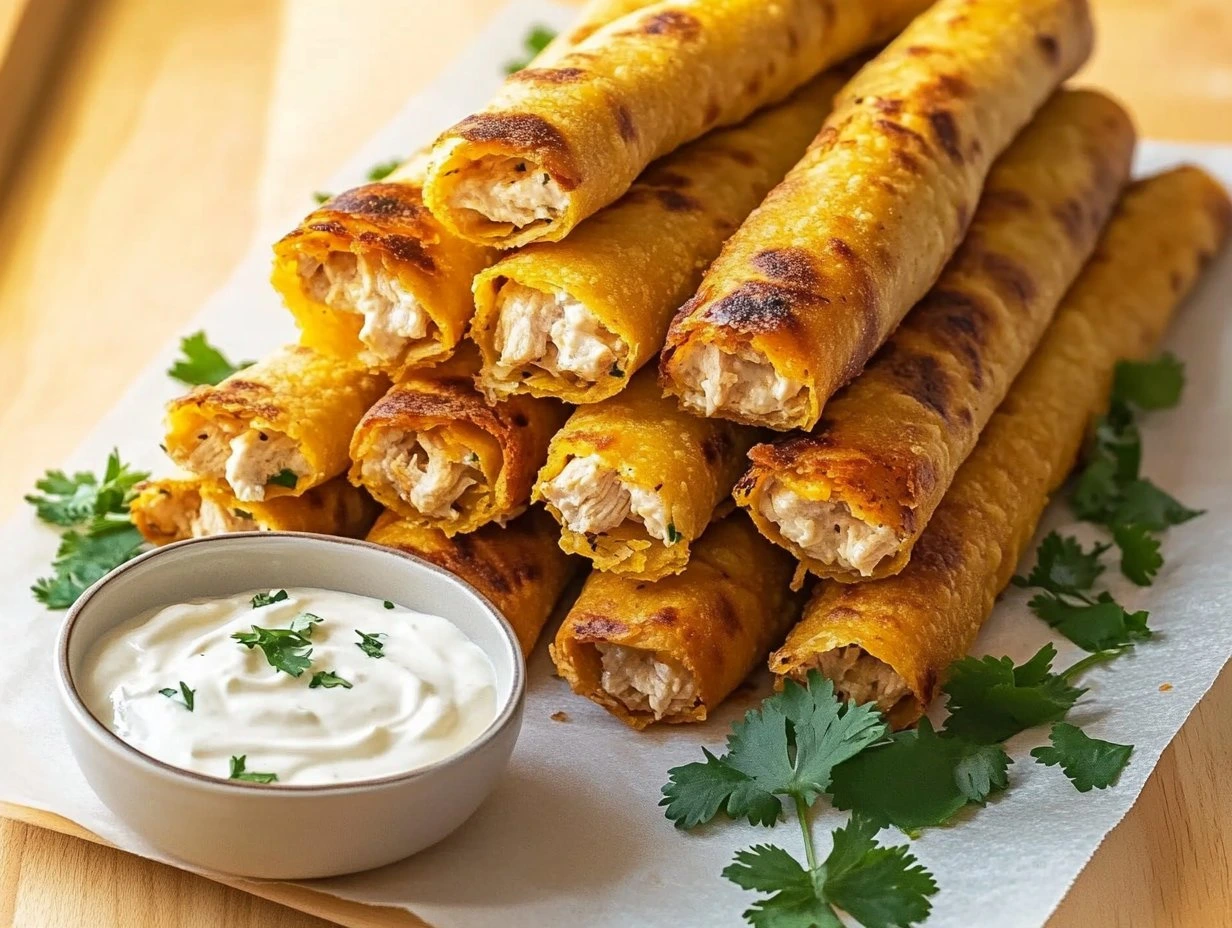 Perfectly cooked Crispy Chicken Taquitos with Creamy Dip served and ready to eat - final result