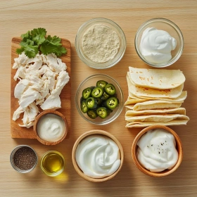 Step-by-step preparation of Crispy Chicken Taquitos with Creamy Dip showing ingredients and initial cooking steps