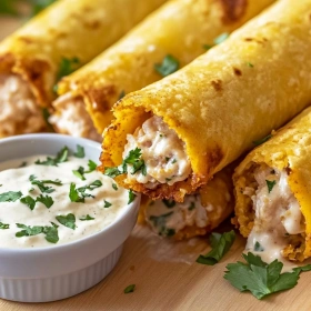 Close-up of Crispy Chicken Taquitos with Creamy Dip showing texture, layers, and glossy finish