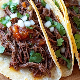 Close-up of Slow Cooker Chuck Roast Tacos showing texture, layers, and glossy finish