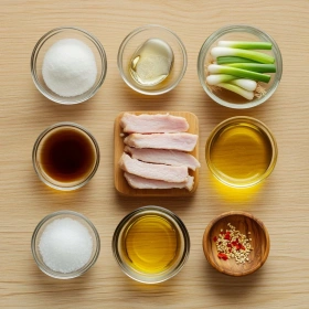 Step-by-step preparation of Sticky Honey Garlic Pork showing ingredients and initial cooking steps