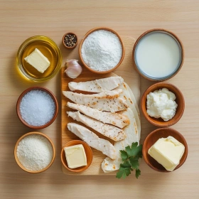 Step-by-step preparation of Cheesy Garlic Chicken Wraps showing ingredients and initial cooking steps