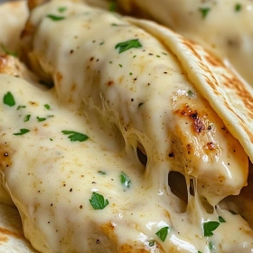 Close-up of Cheesy Garlic Chicken Wraps showing texture, layers, and glossy finish