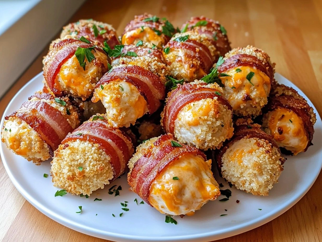 Perfectly cooked Bacon Wrapped Cheddar Ranch Chicken Bites served and ready to eat - final result