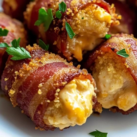 Close-up of Bacon Wrapped Cheddar Ranch Chicken Bites showing texture, layers, and glossy finish